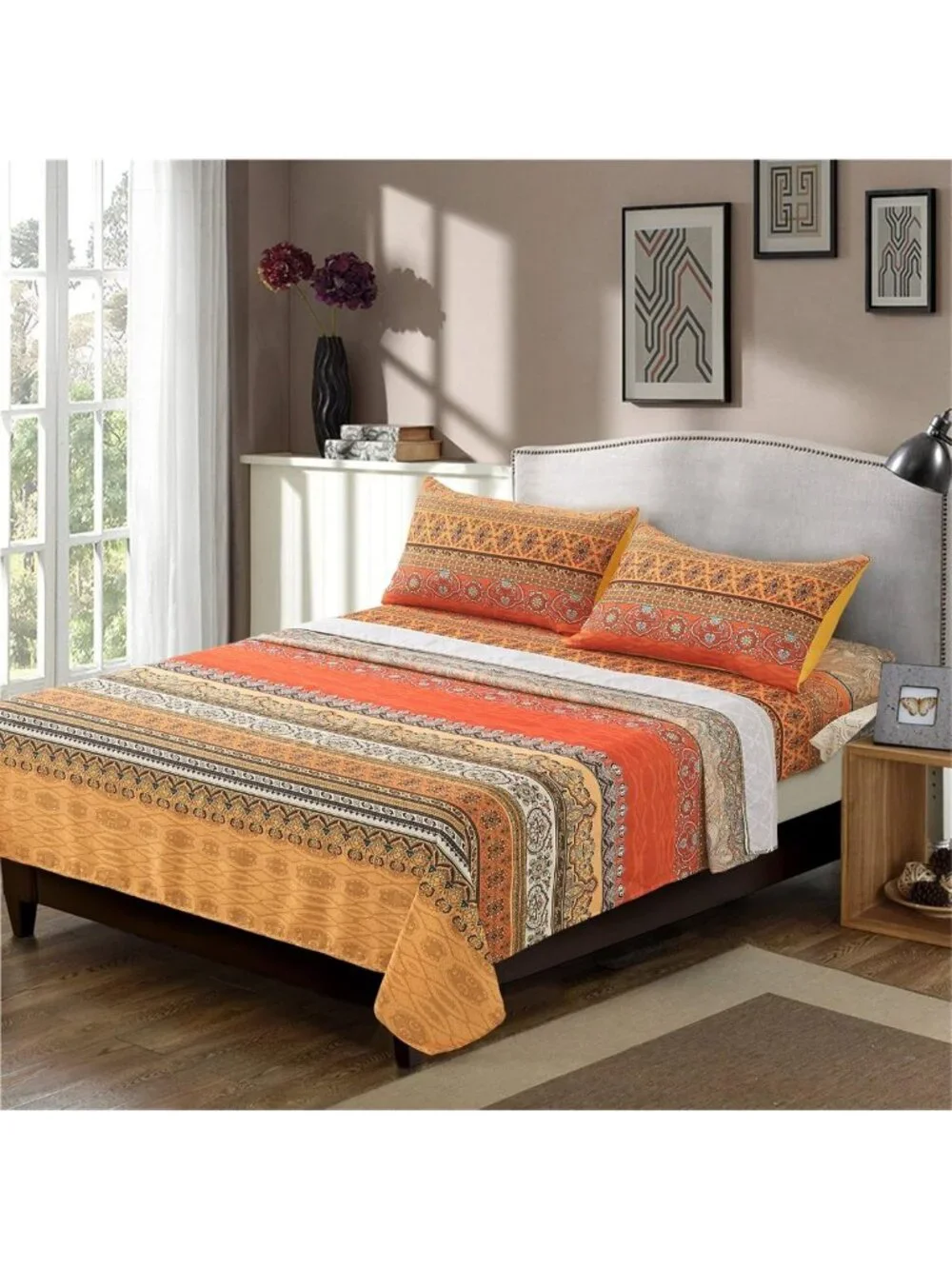 Boho Orange Queen Sheet Set - 4 PCS Colorful Striped Bedding, Deep Pocket